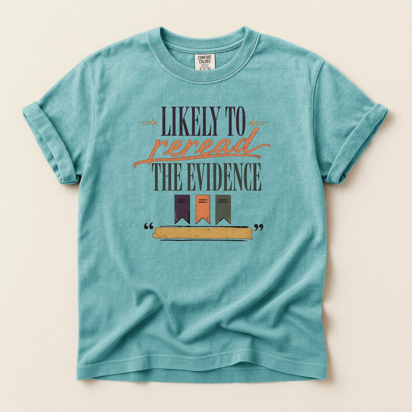 Likely to Reread the Evidence bookish tee in Seafoam, full flat
