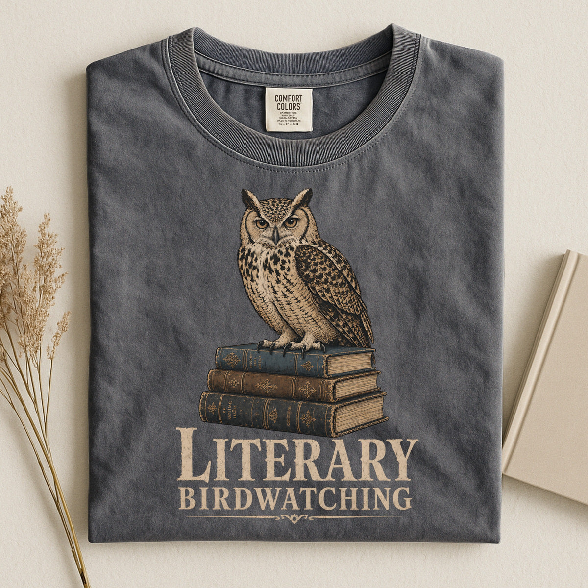 Shelf Love Studio Literary Birdwatching t-shirt in Pepper, styled flat lay