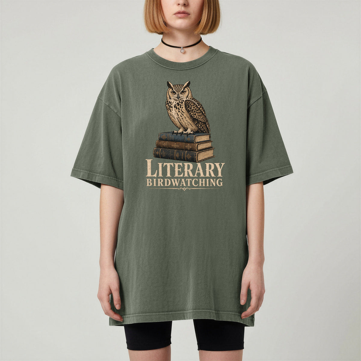 Shelf Love Studio Literary Birdwatching t-shirt in Moss, worn