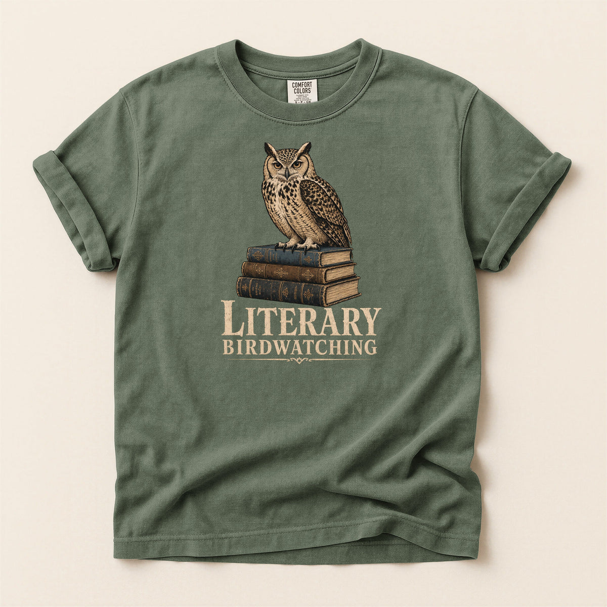 Shelf Love Studio Literary Birdwatching t-shirt in Moss, flat