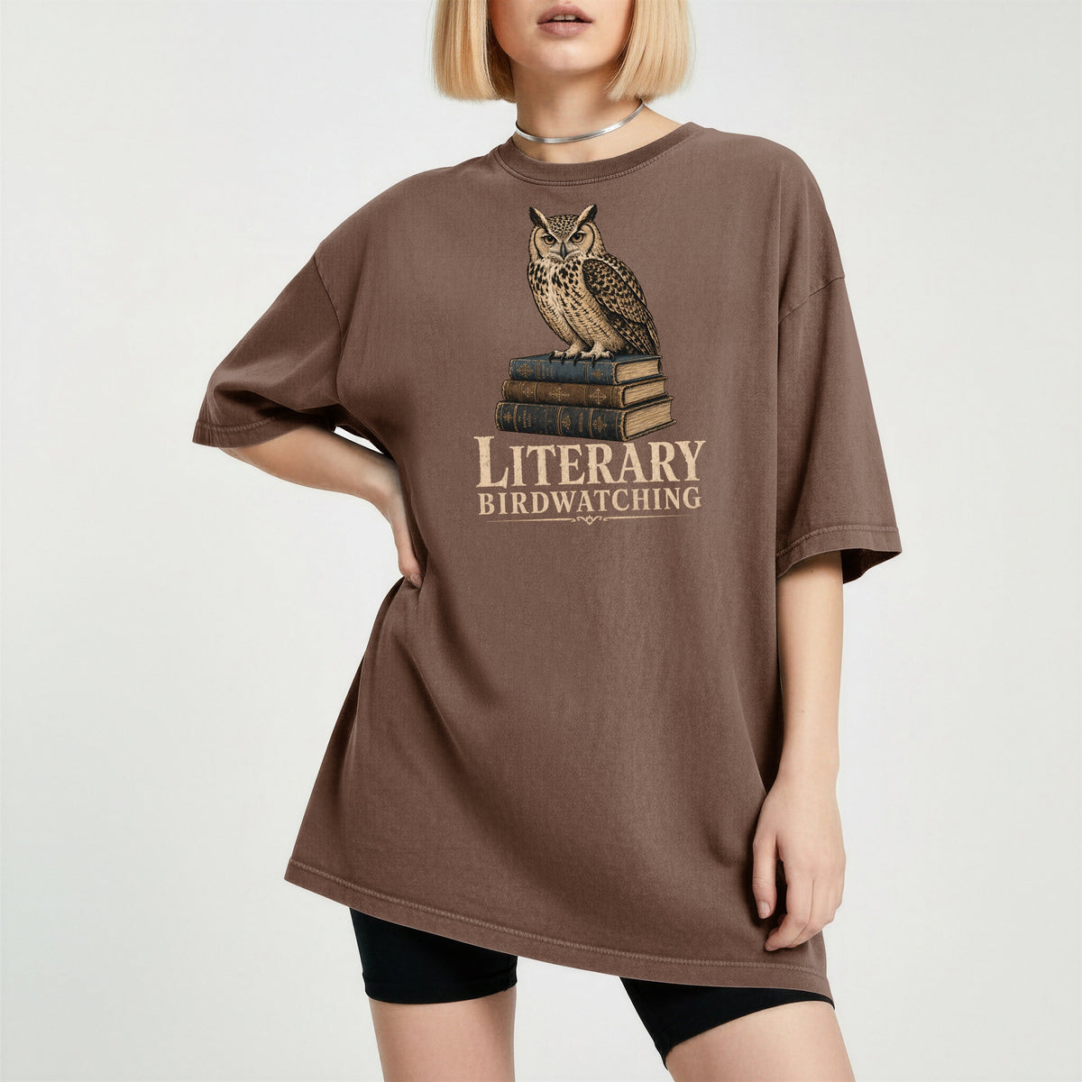 Shelf Love Studio Literary Birdwatching t-shirt in Espresso, worn