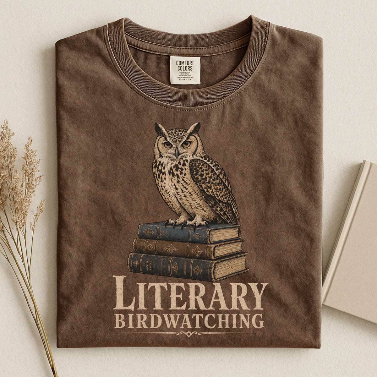 Shelf Love Studio Literary Birdwatching t-shirt in Espresso, styled flat lay