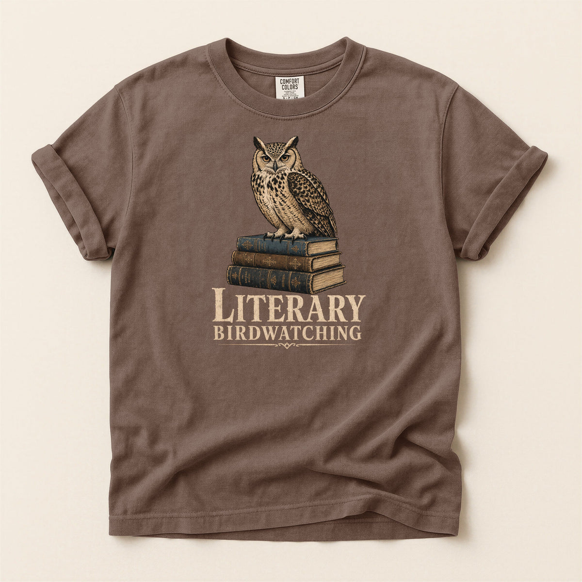 Shelf Love Studio Literary Birdwatching t-shirt in Espresso, flat
