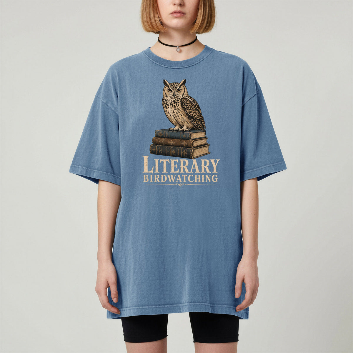 Shelf Love Studio Literary Birdwatching t-shirt in Blue Jean, worn