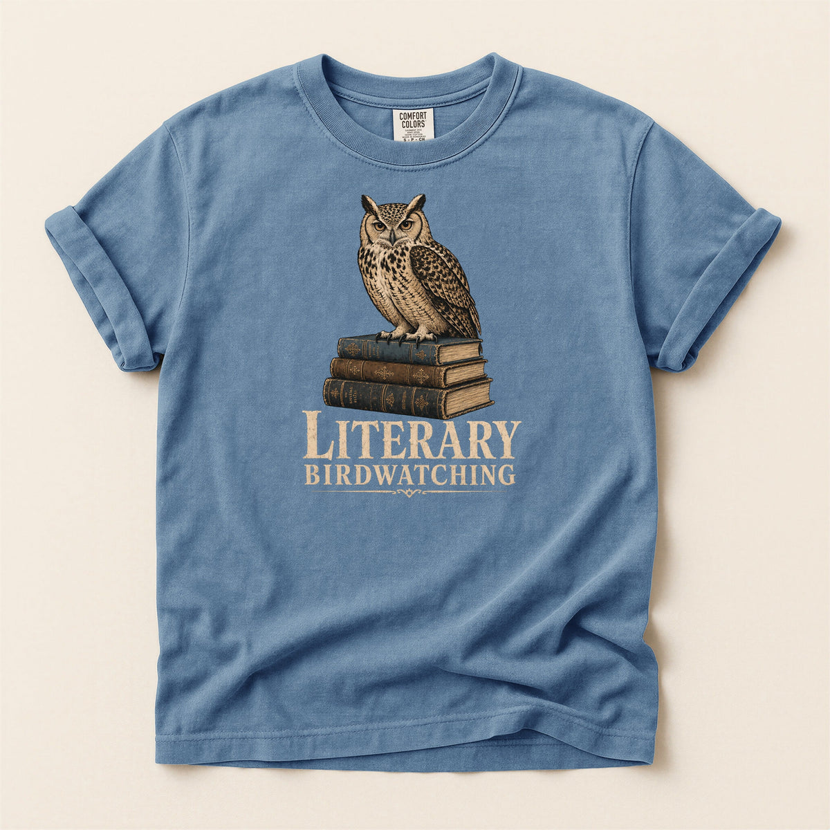 Shelf Love Studio Literary Birdwatching t-shirt in Blue Jean, flat