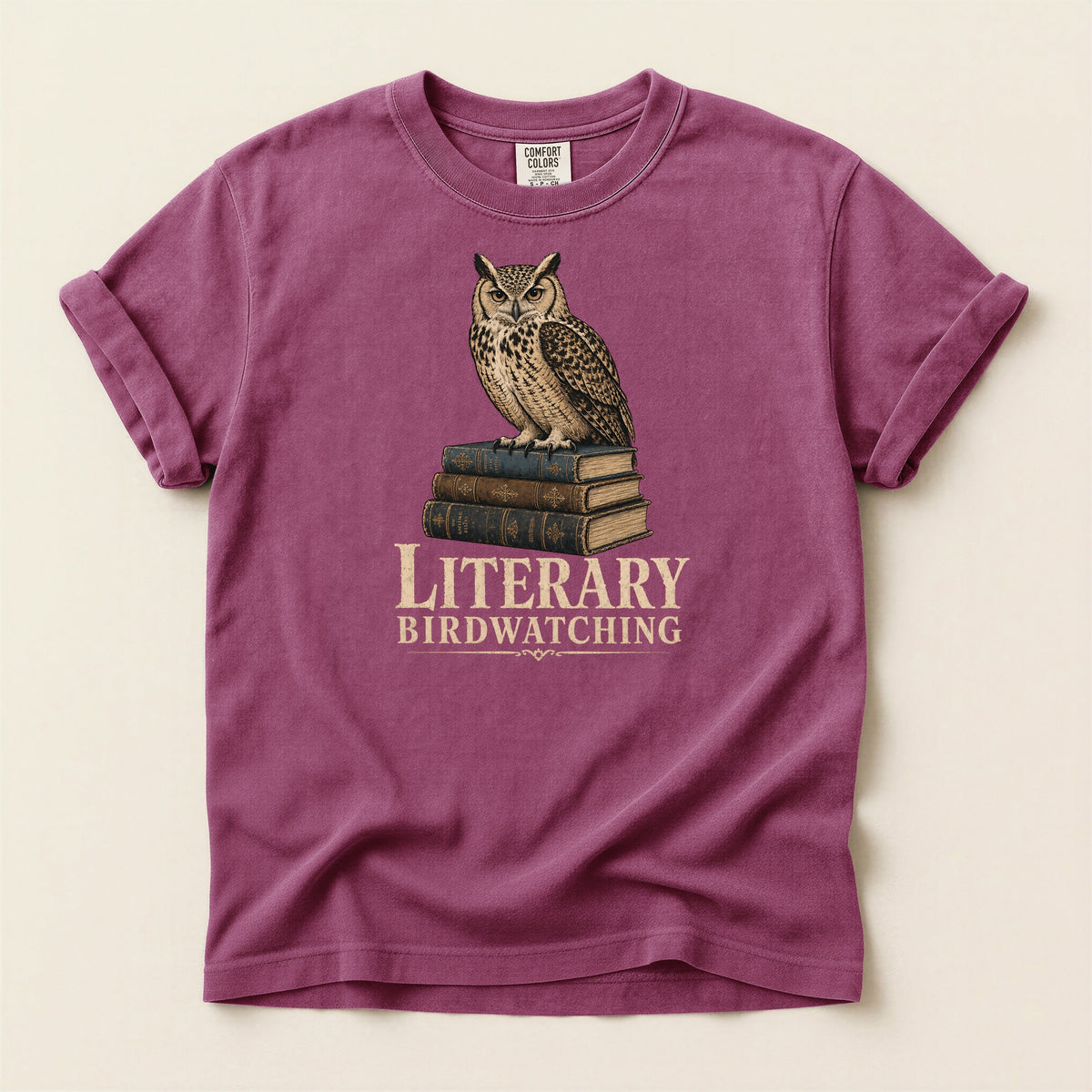 Shelf Love Studio Literary Birdwatching t-shirt in Berry, flat