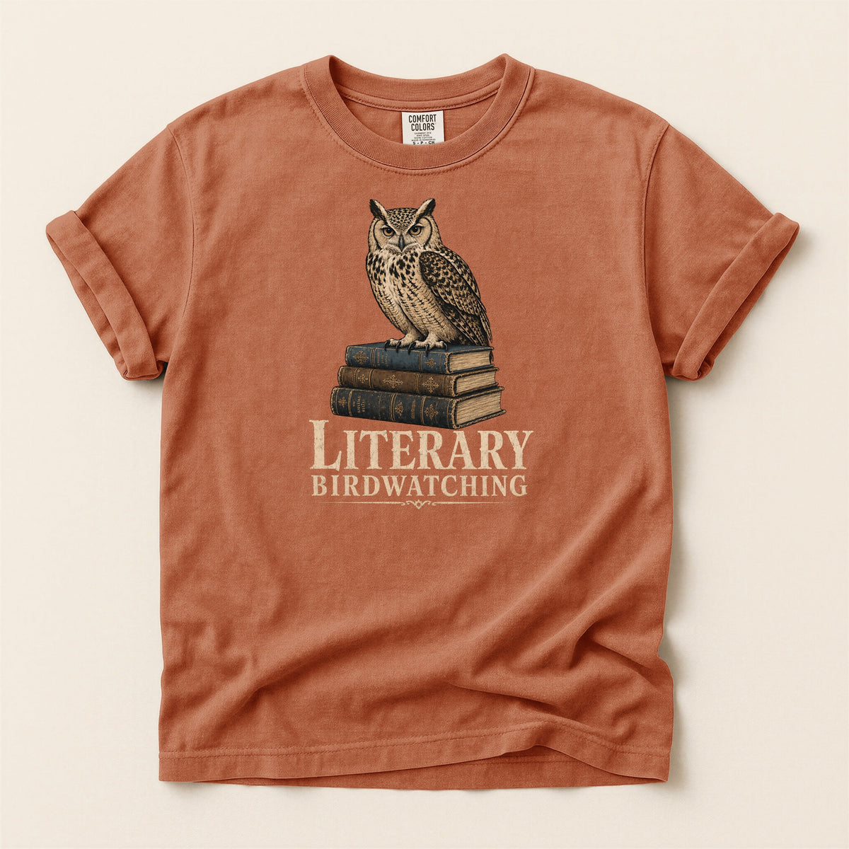 Shelf Love Studio Literary Birdwatching t-shirt in Yam, flat