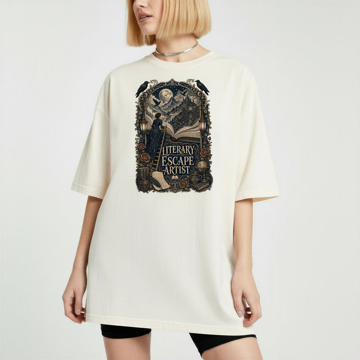 Literary Escape Artist bookish tee in Ivory, worn