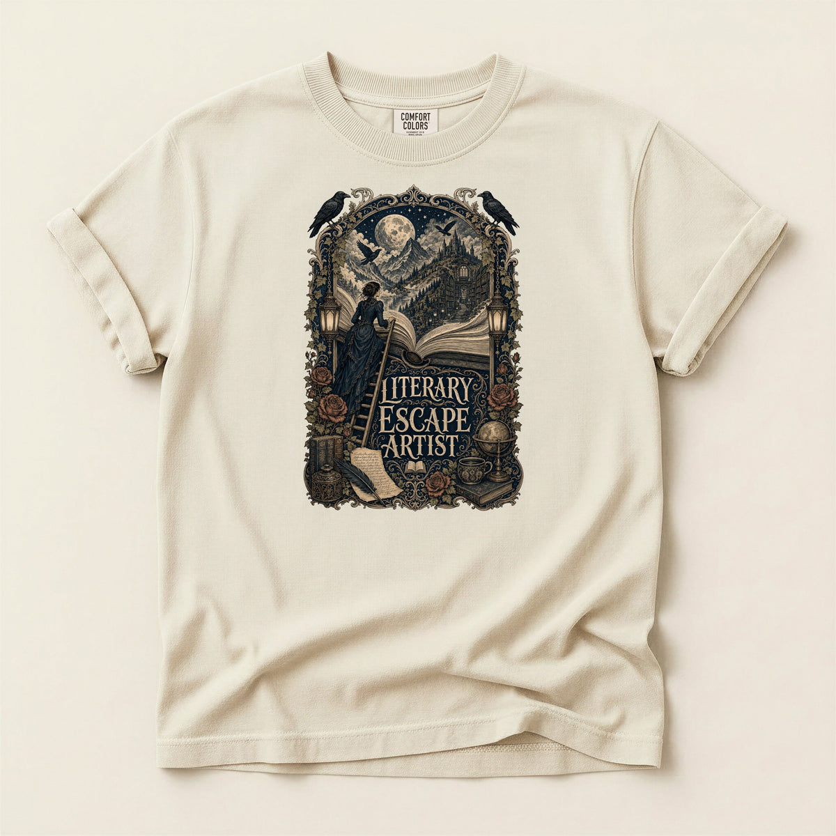 Literary Escape Artist bookish tee in Ivory, full flat