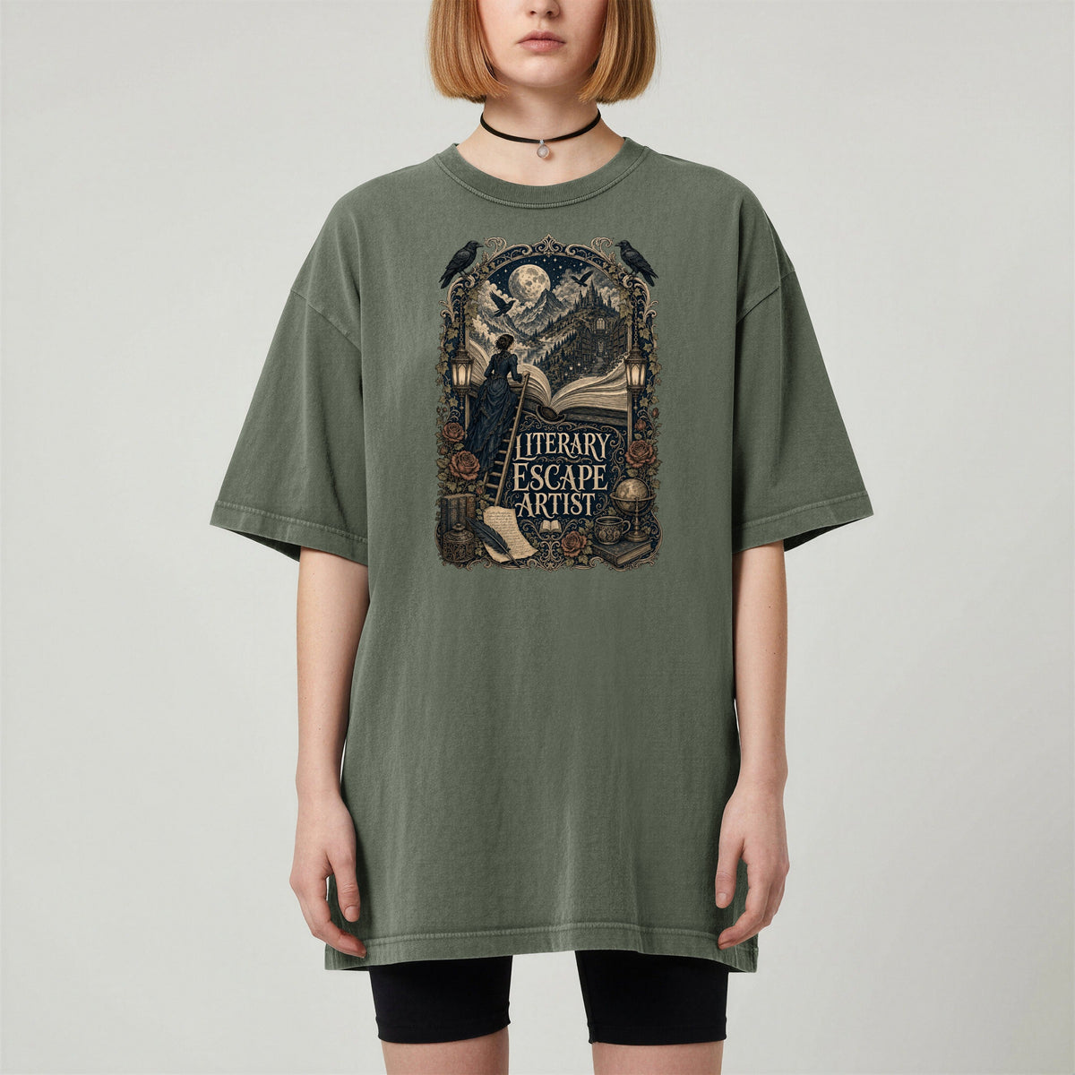 Literary Escape Artist bookish tee in Moss, worn
