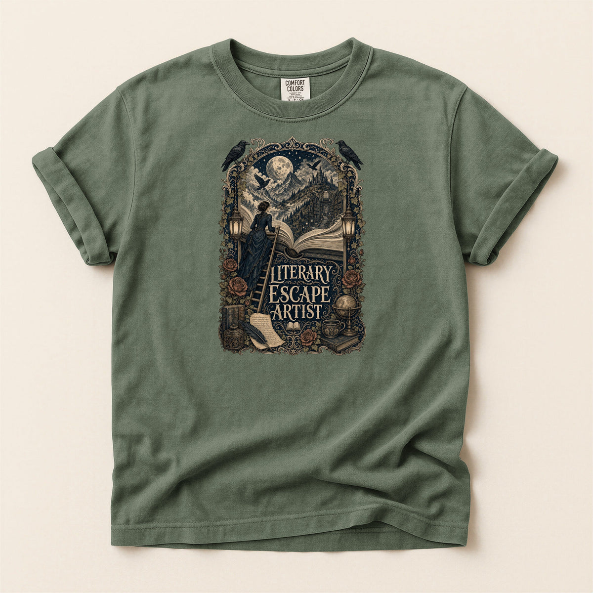 Literary Escape Artist bookish tee in Moss, full flat