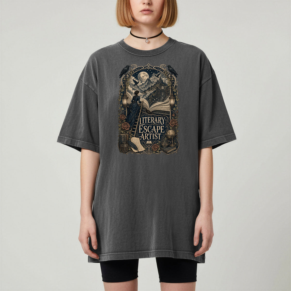 Literary Escape Artist bookish tee in Pepper, worn