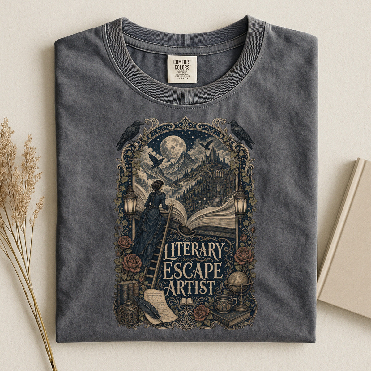 Literary Escape Artist bookish tee in Pepper, flat lay