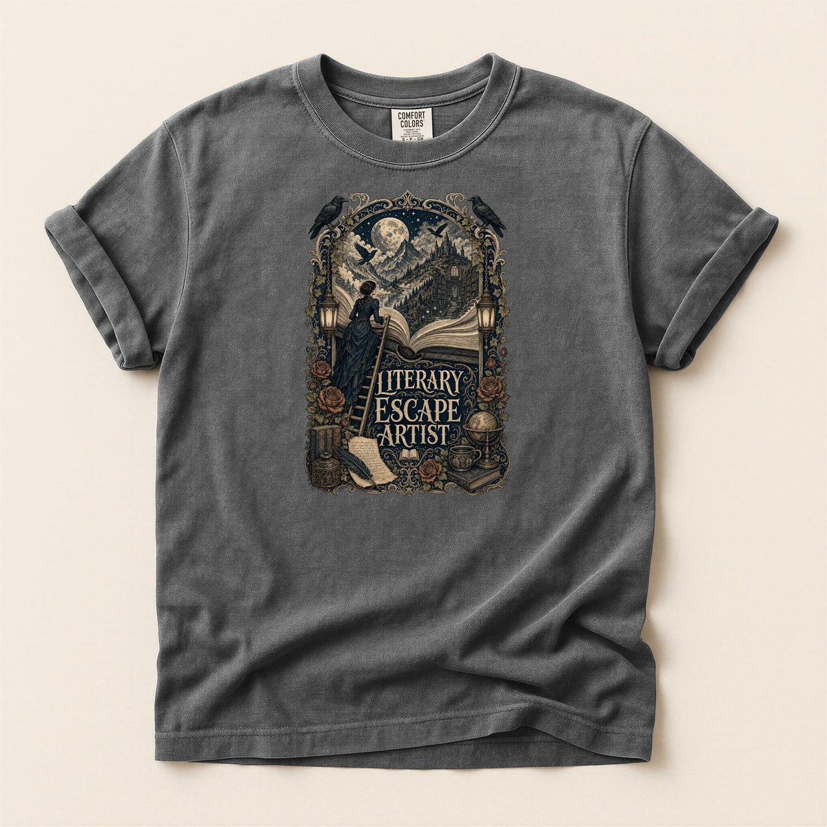 Literary Escape Artist bookish tee in Pepper, full flat