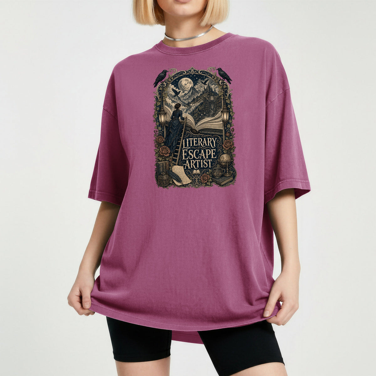 Literary Escape Artist bookish tee in Berry, worn