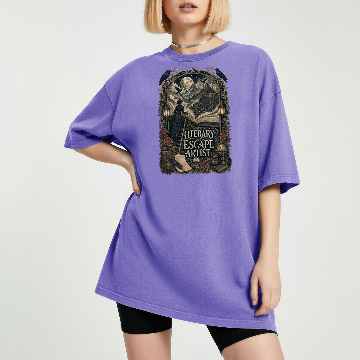 Literary Escape Artist bookish tee in Violet, worn