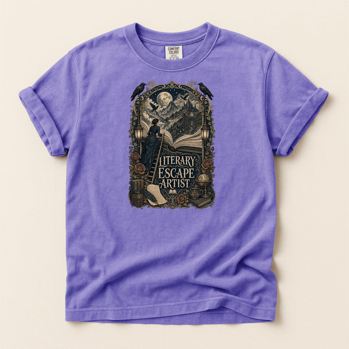 Literary Escape Artist bookish tee in Violet, full flat