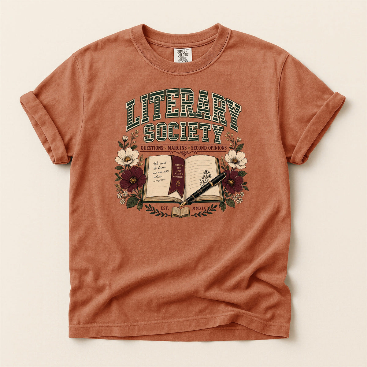 Shelf Love Studio Literary Society t-shirt in Yam, flat