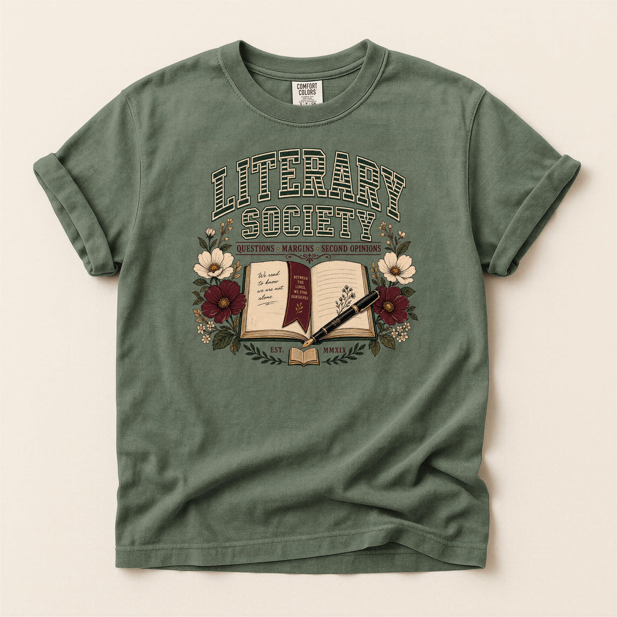 Shelf Love Studio Literary Society t-shirt in Moss, flat