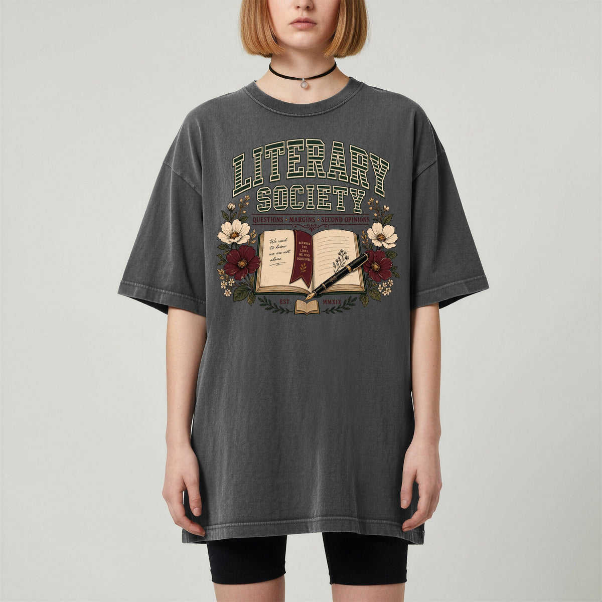Shelf Love Studio Literary Society t-shirt in Pepper, worn