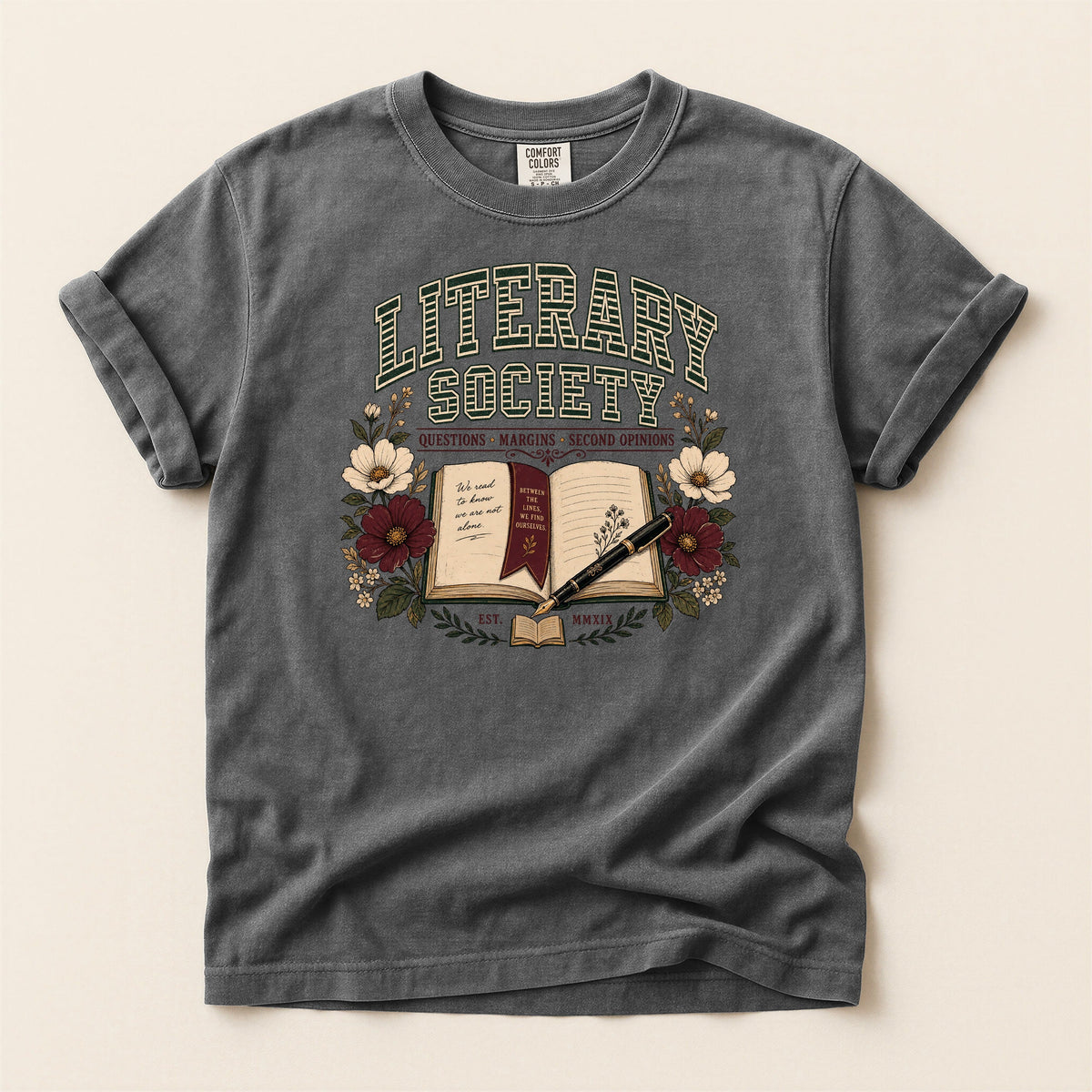 Shelf Love Studio Literary Society t-shirt in Pepper, flat