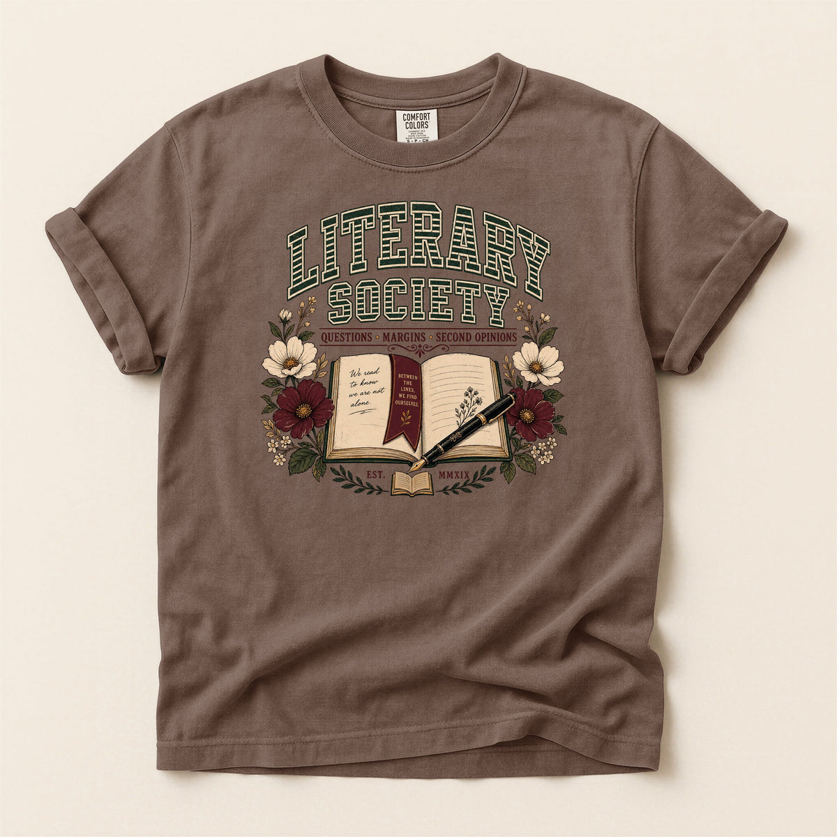 Shelf Love Studio Literary Society t-shirt in Espresso, flat