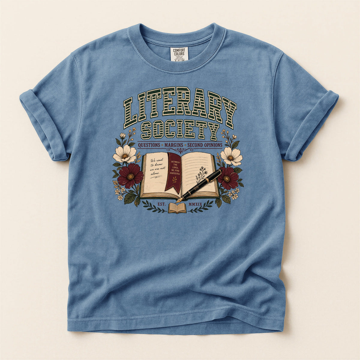 Shelf Love Studio Literary Society t-shirt in Blue Jean, flat