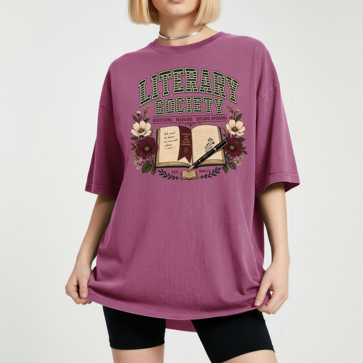 Shelf Love Studio Literary Society t-shirt in Berry, worn