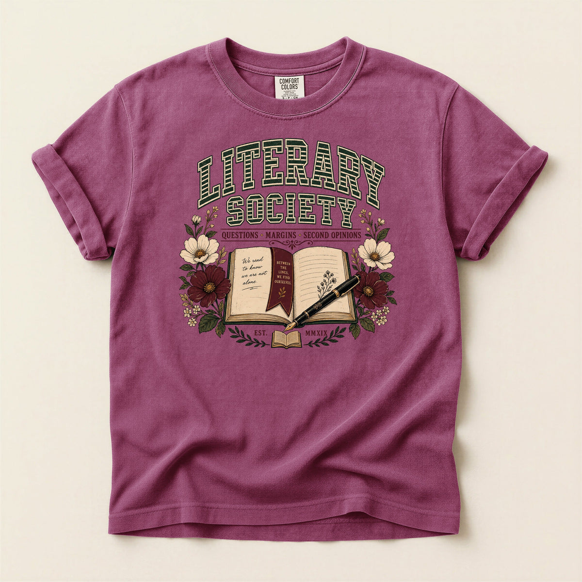 Shelf Love Studio Literary Society t-shirt in Berry, flat