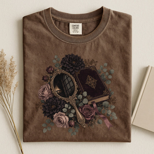 Moody Mirror and Roses bookish tee in Espresso, flat lay