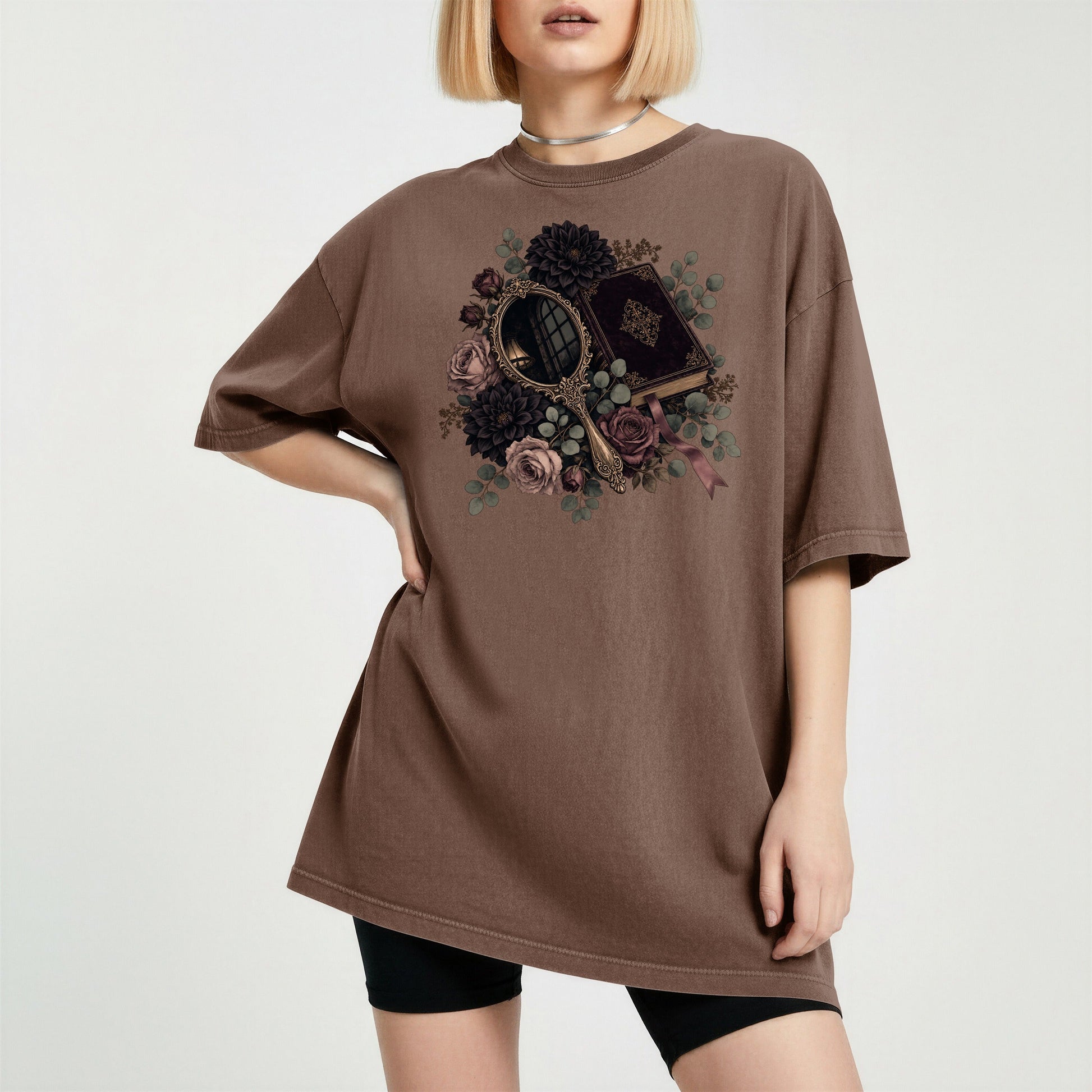 Moody Mirror and Roses bookish tee in Espresso, worn