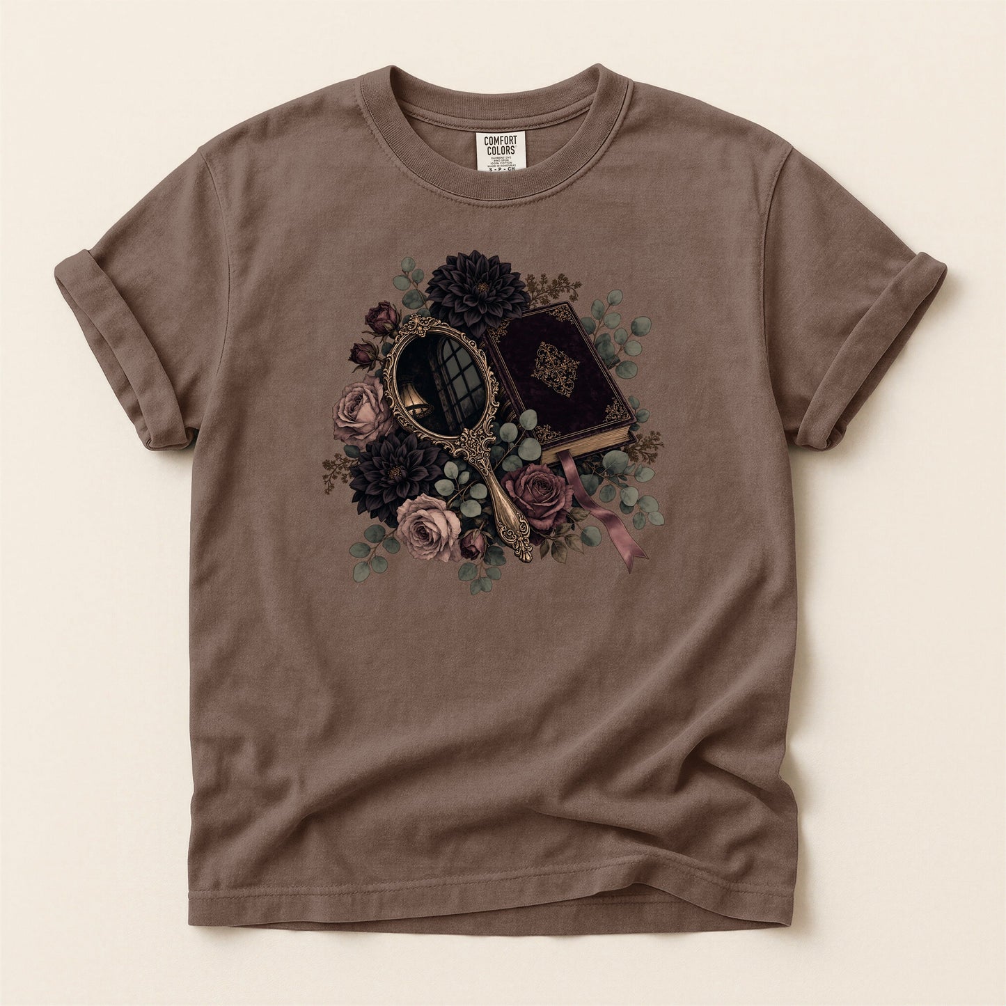 Moody Mirror and Roses bookish tee in Espresso, full flat