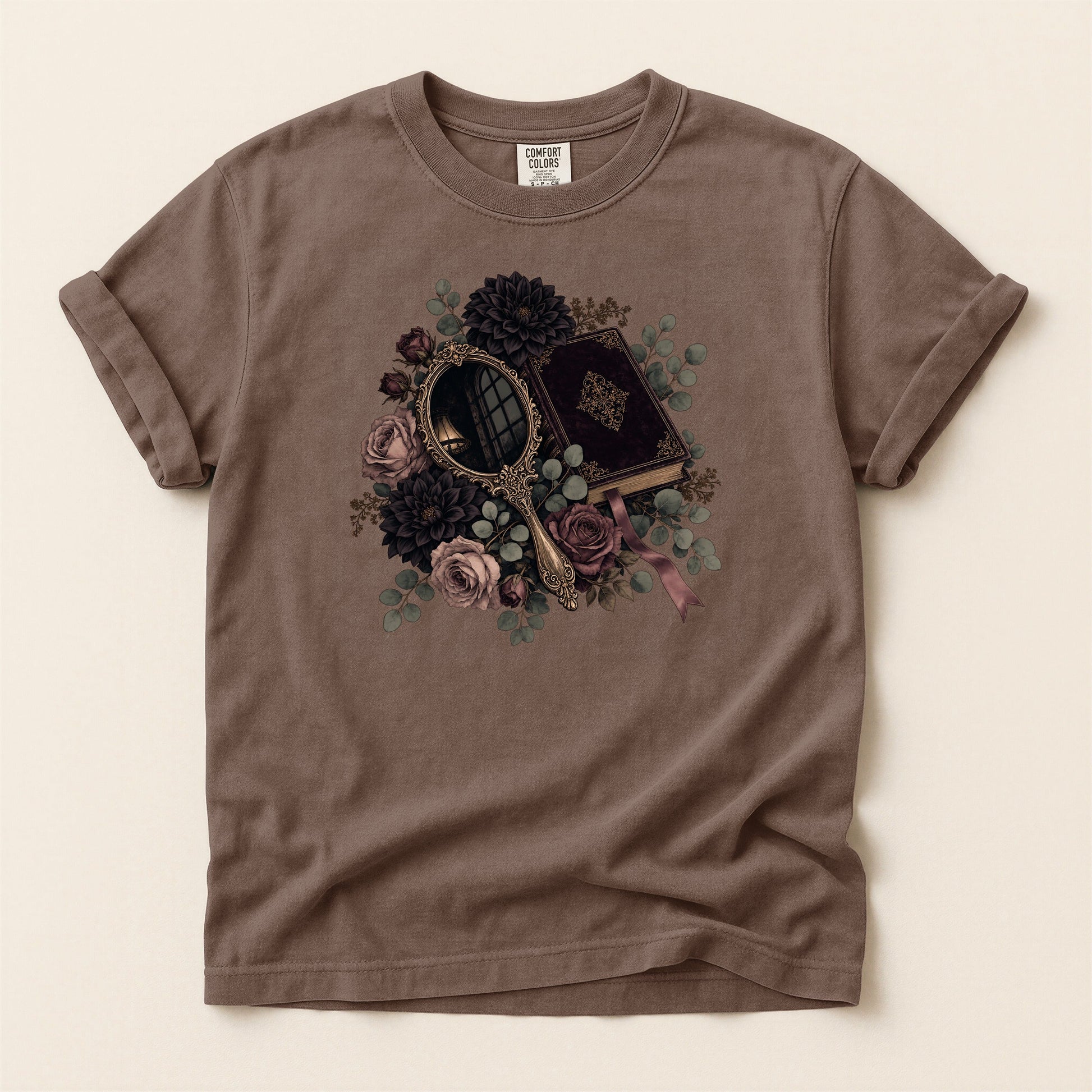 Moody Mirror and Roses bookish tee in Espresso, full flat