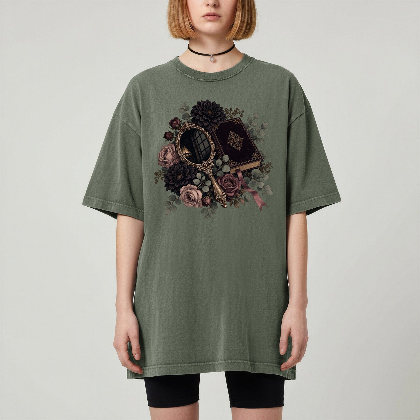 Moody Mirror and Roses bookish tee in Moss, worn