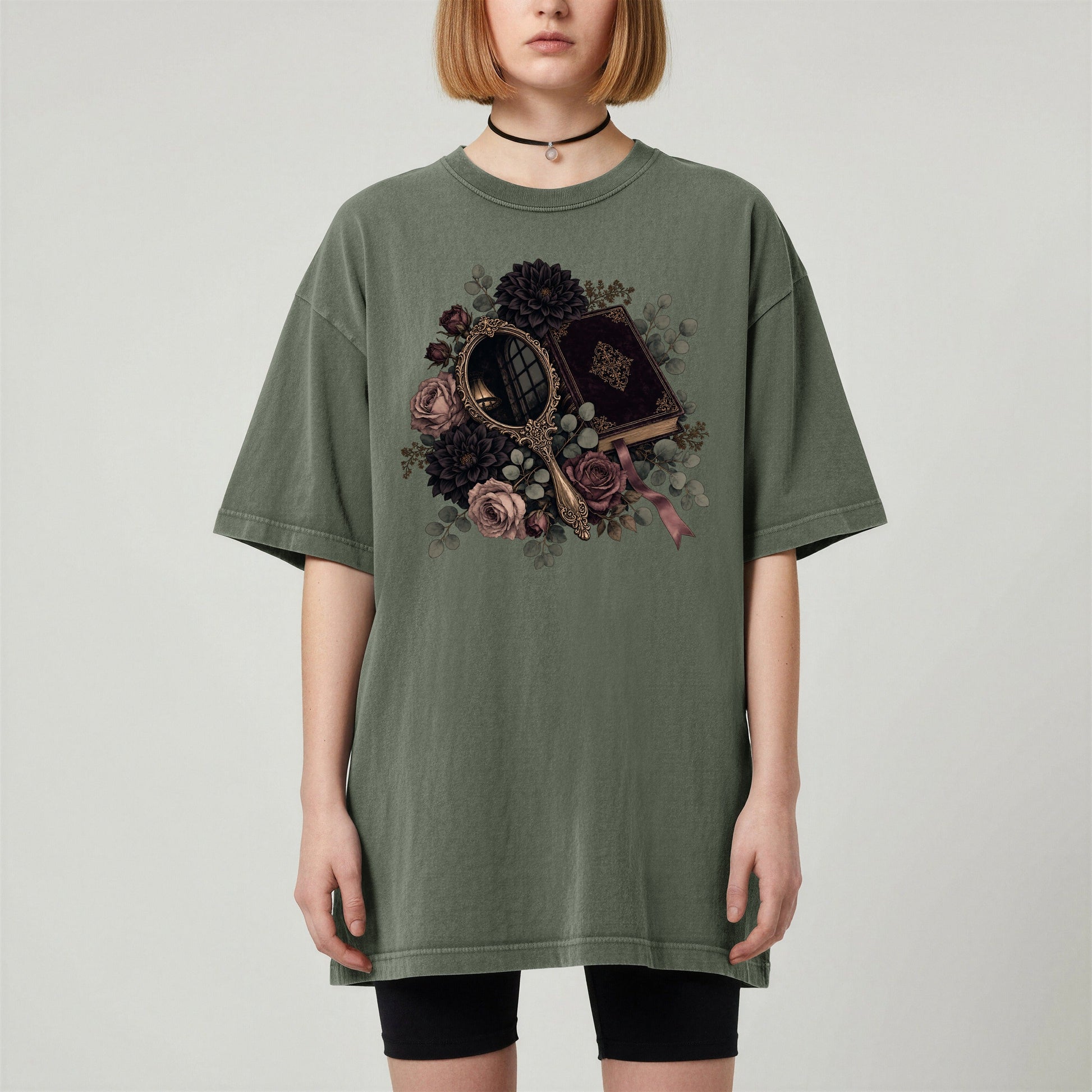 Moody Mirror and Roses bookish tee in Moss, worn