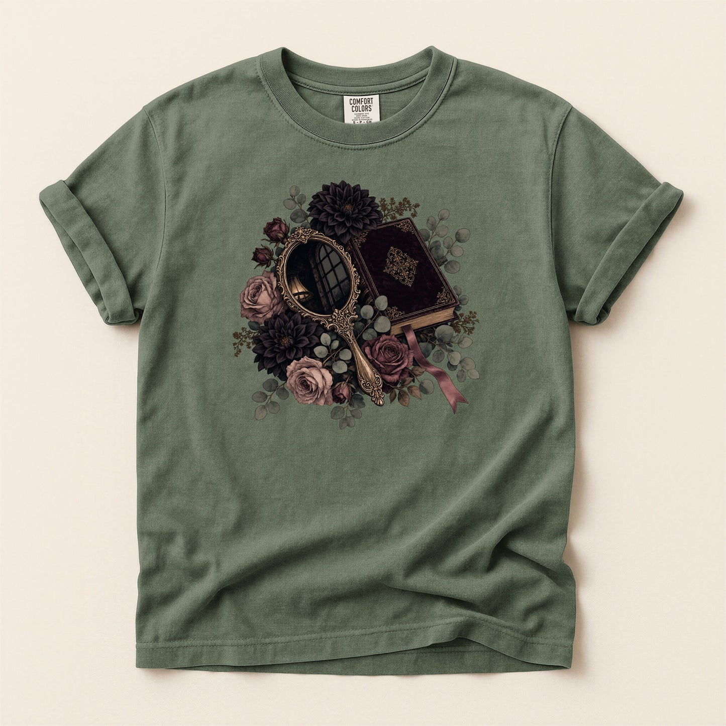 Moody Mirror and Roses bookish tee in Moss, full flat