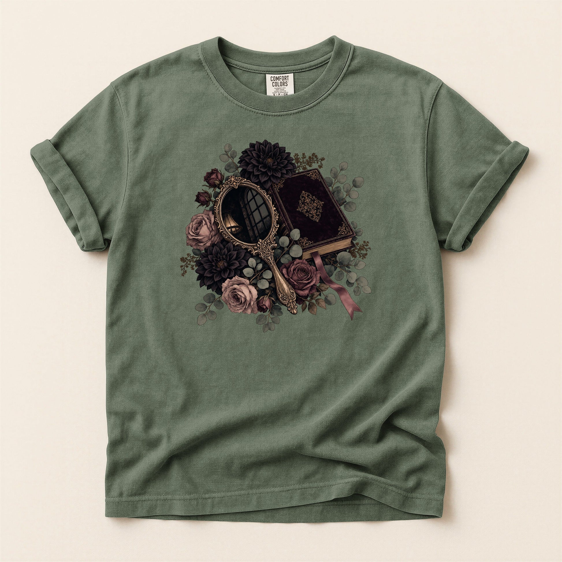 Moody Mirror and Roses bookish tee in Moss, full flat