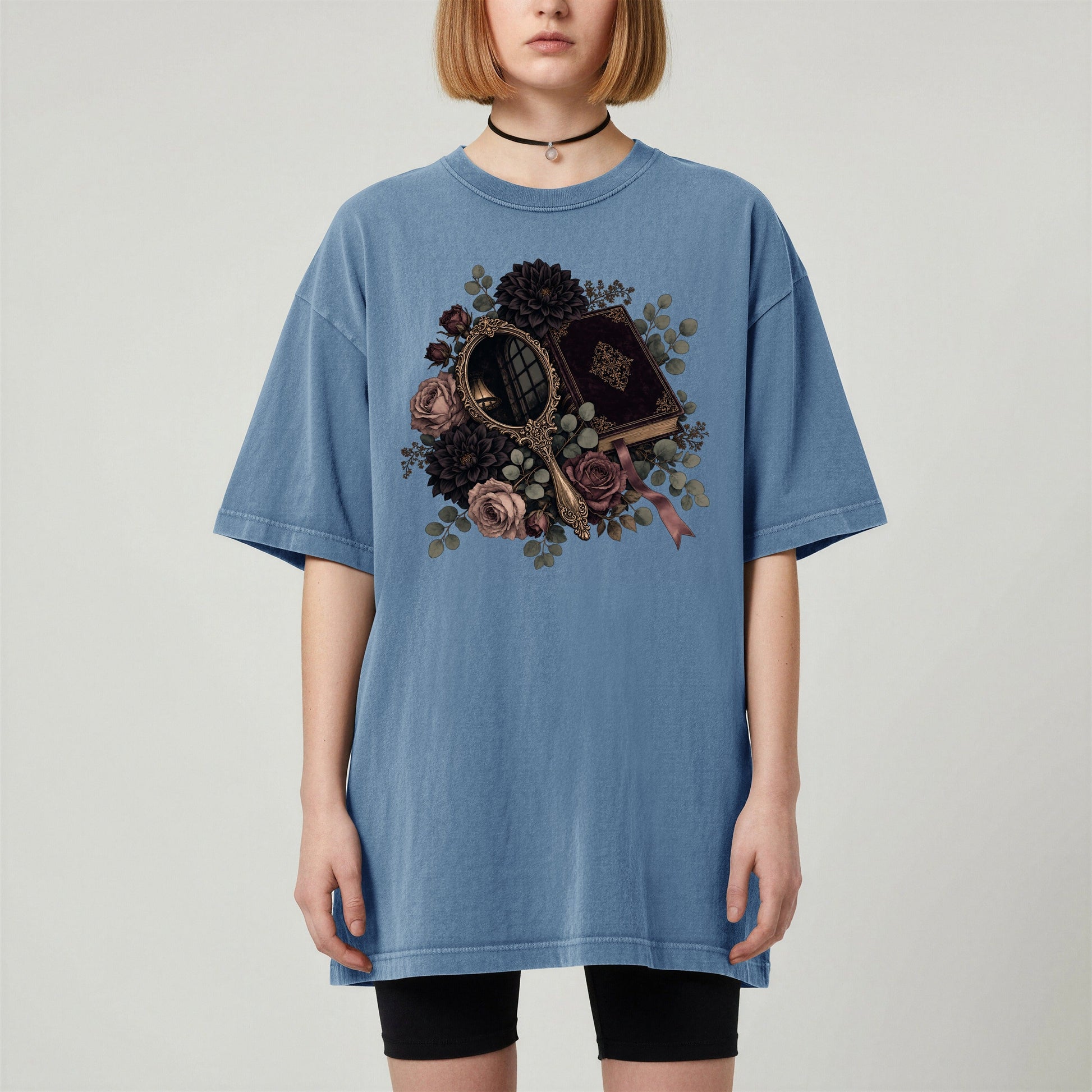 Moody Mirror and Roses bookish tee in Blue Jean, worn