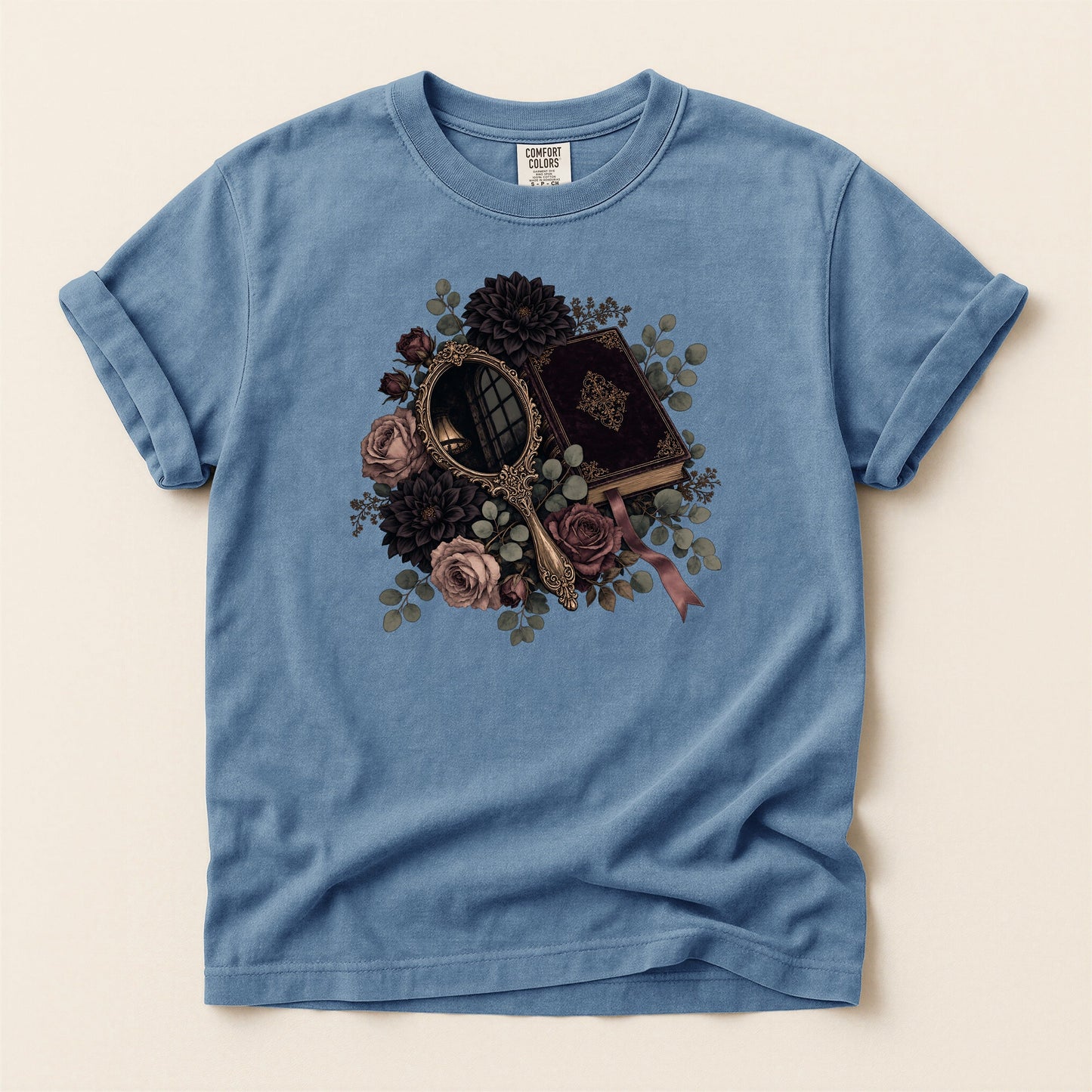 Moody Mirror and Roses bookish tee in Blue Jean, full flat