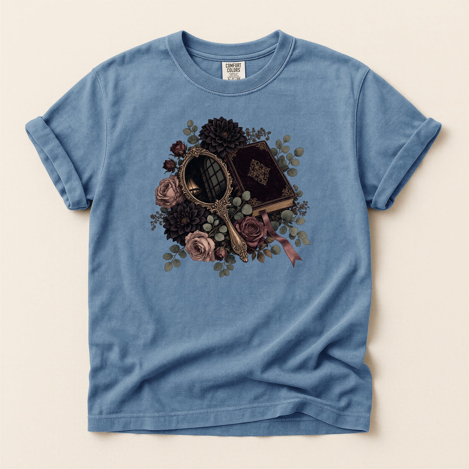 Moody Mirror and Roses bookish tee in Blue Jean, full flat