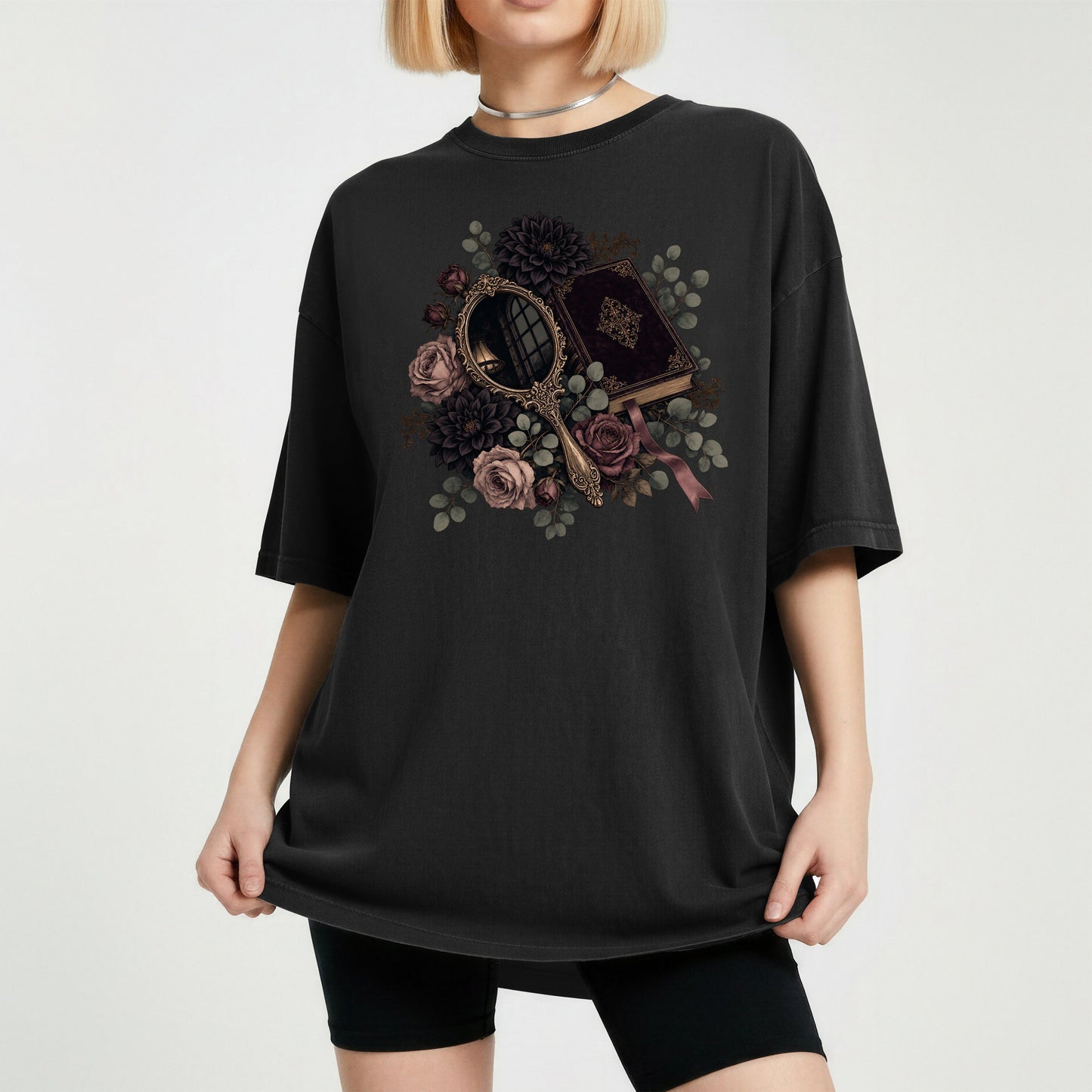 Moody Mirror and Roses bookish tee in Black, worn