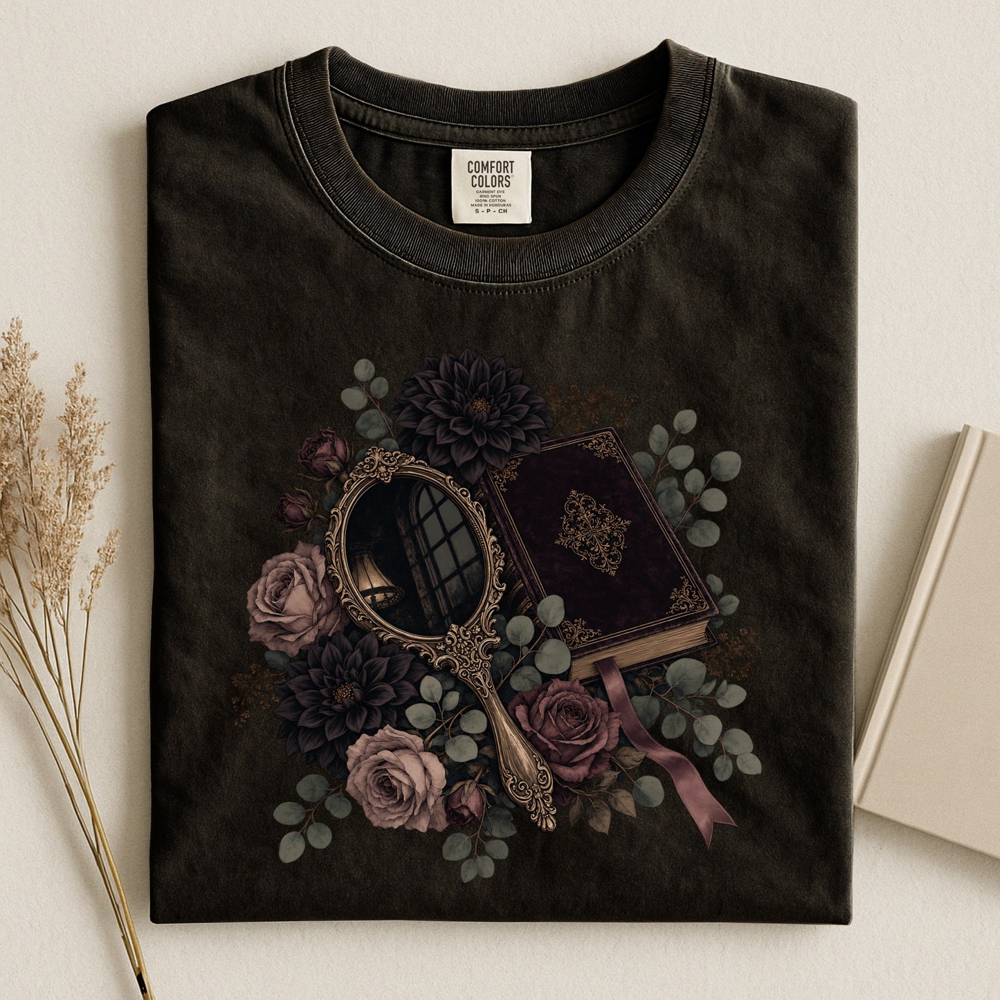 Moody Mirror and Roses bookish tee in Black, flat lay