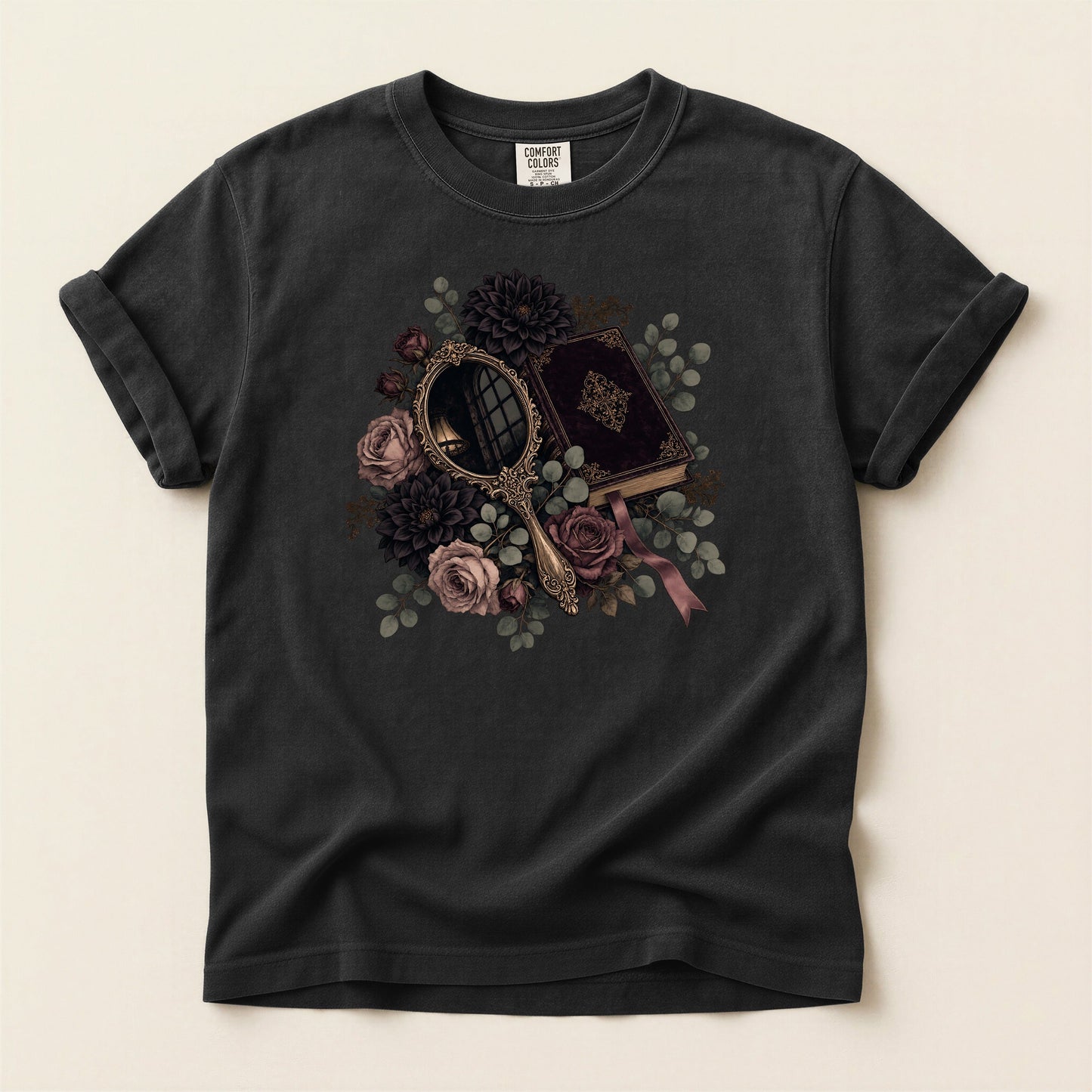 Moody Mirror and Roses bookish tee in Black, full flat