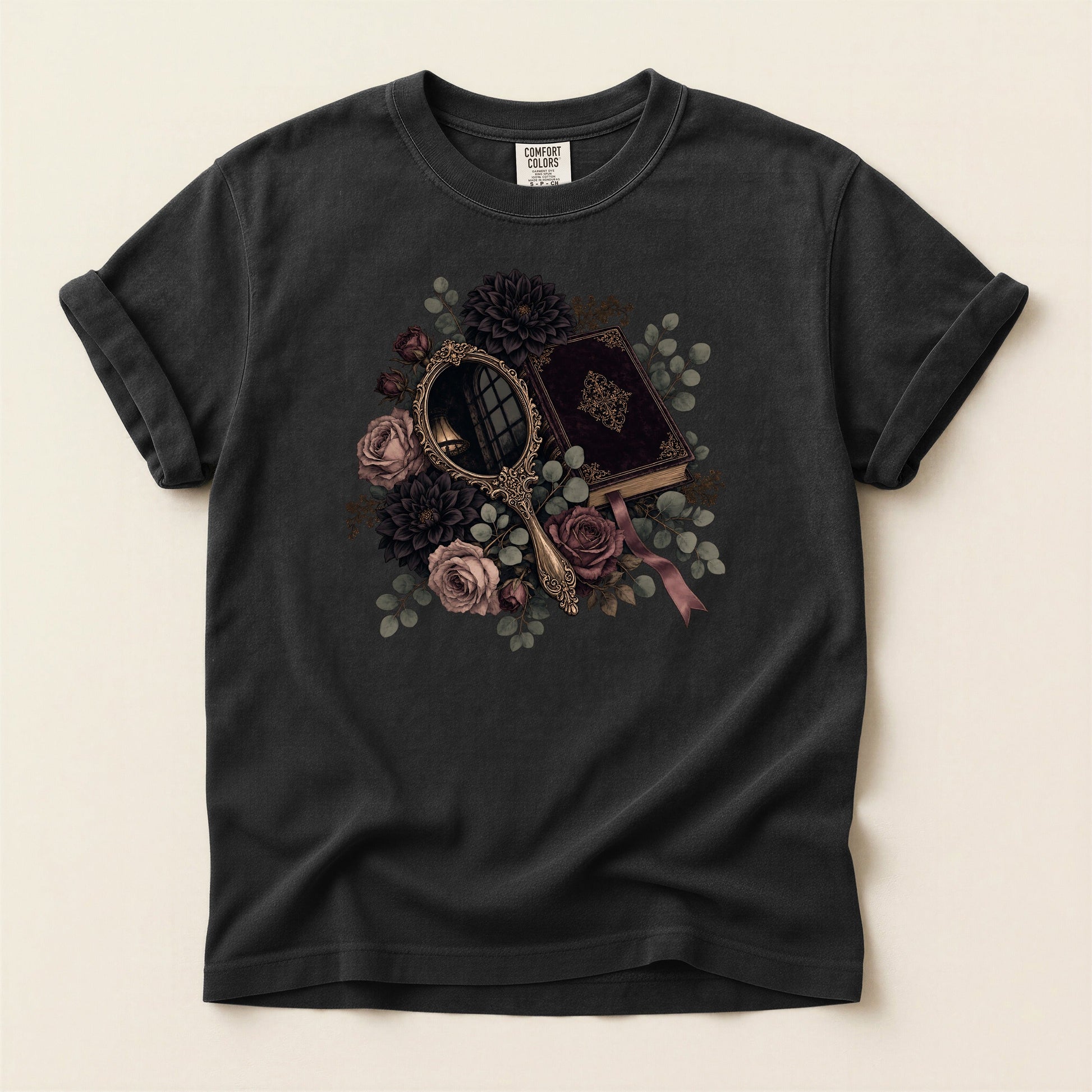 Moody Mirror and Roses bookish tee in Black, full flat
