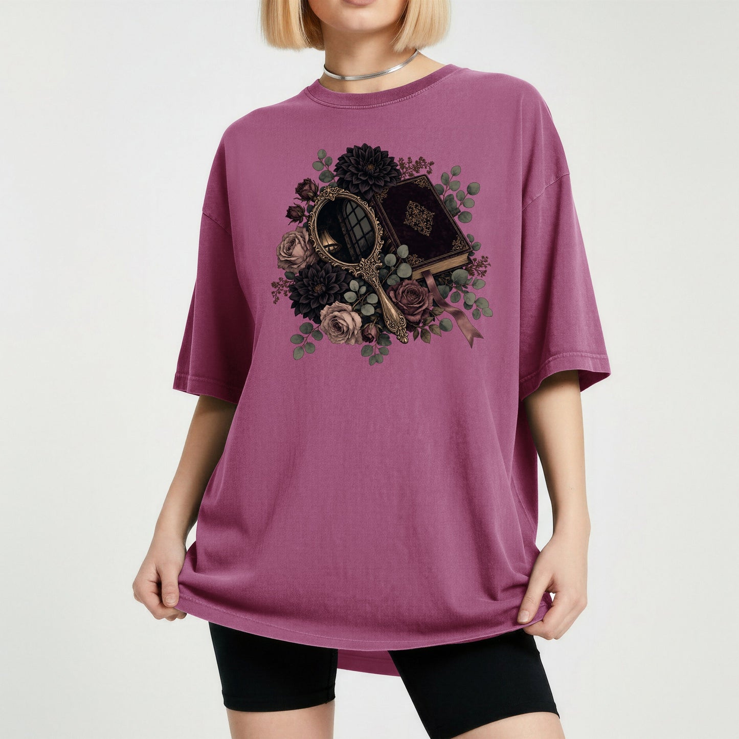 Moody Mirror and Roses bookish tee in Berry, worn