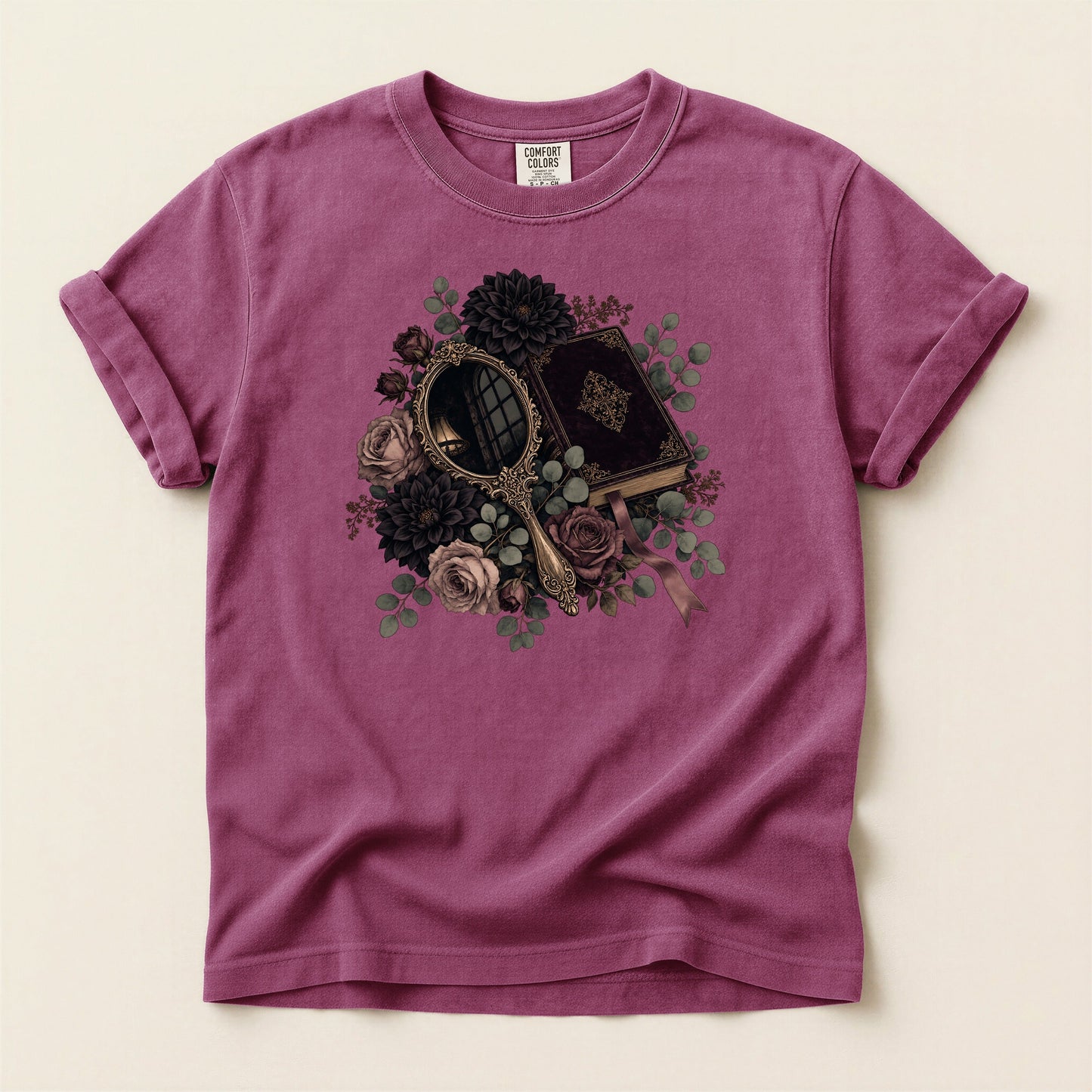 Moody Mirror and Roses bookish tee in Berry, full flat