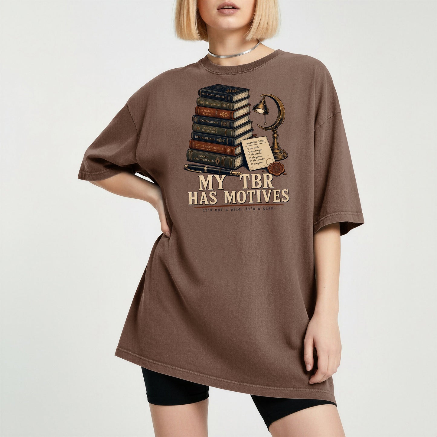 My TBR Has Motives bookish tee in Espresso, worn