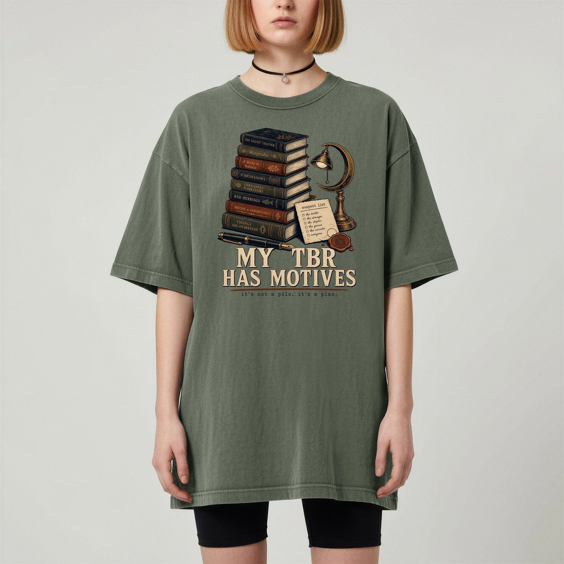 My TBR Has Motives bookish tee in Moss, worn