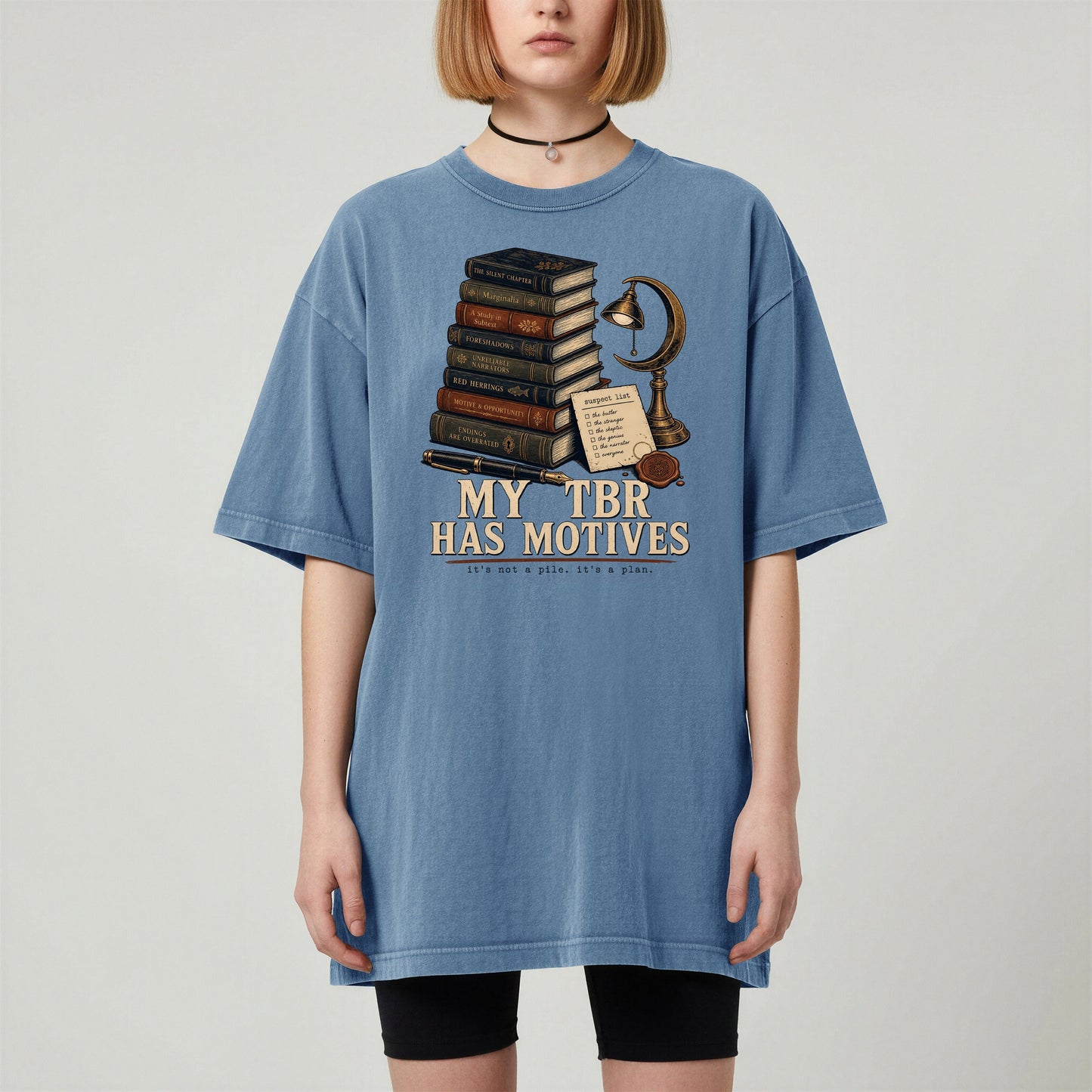 My TBR Has Motives bookish tee in Blue Jean, worn