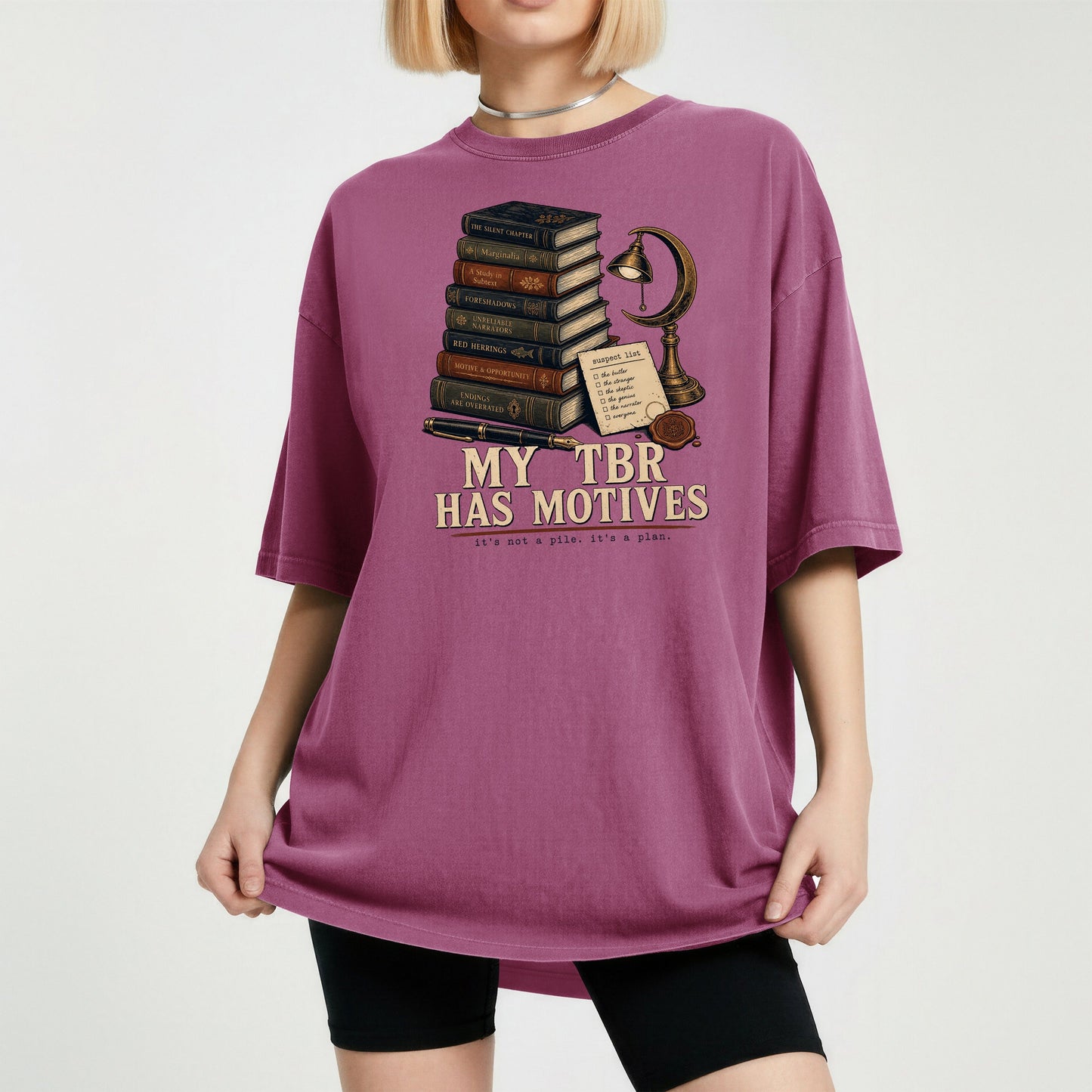 My TBR Has Motives bookish tee in Berry, worn